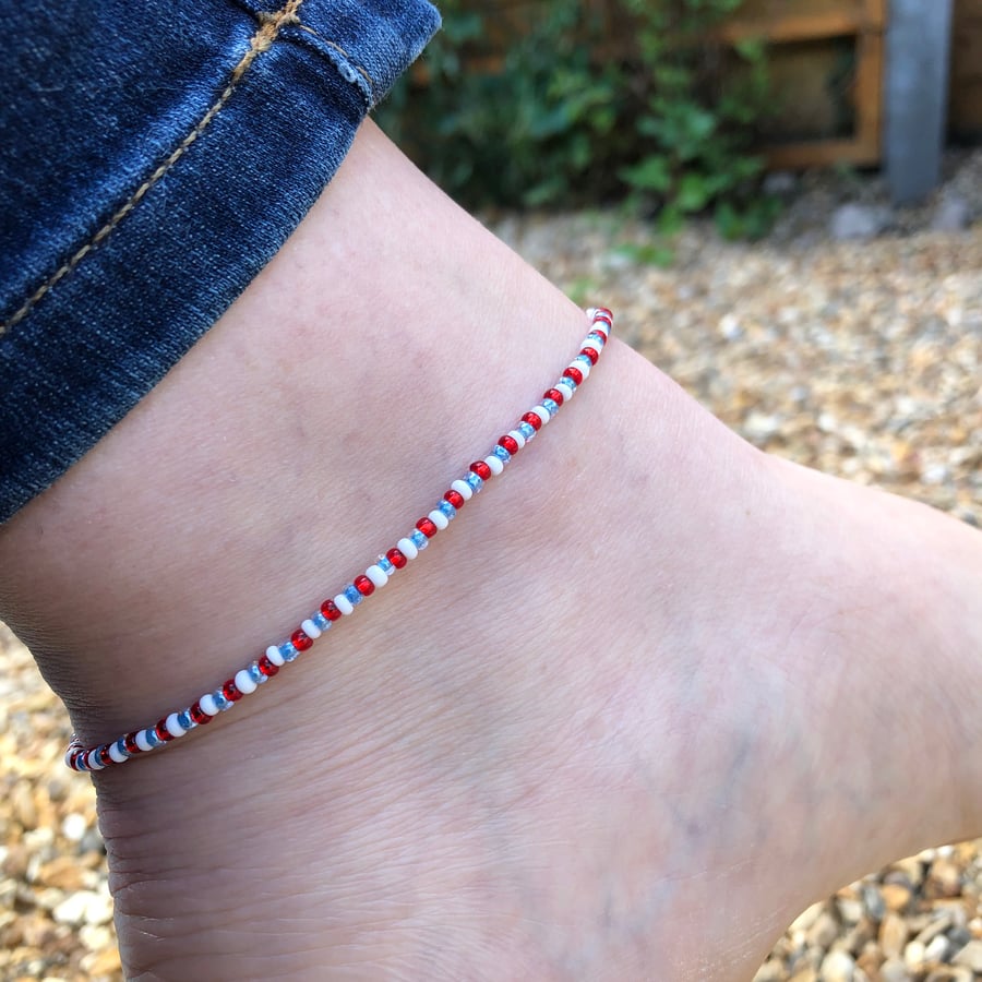 Red White and Blue Seed bead and sterling silver anklet