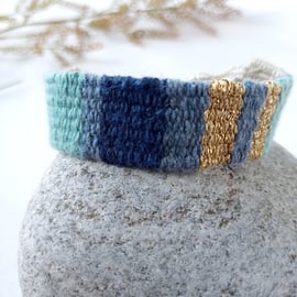 Handwoven Friendship Bracelet in Oatmeal, Turquoise, Blue and Gold