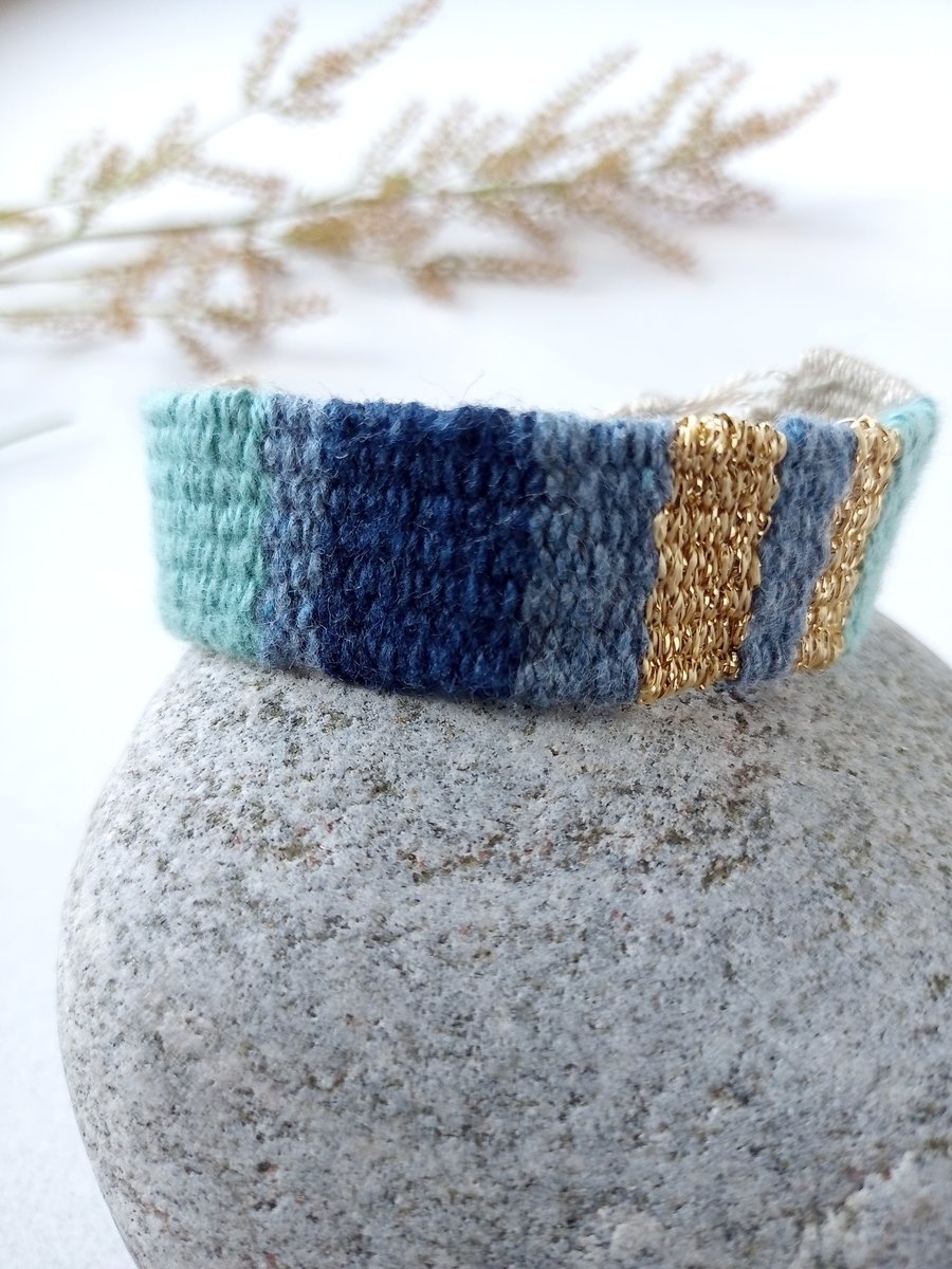 Handwoven Friendship Bracelet in Oatmeal, Turquoise, Blue and Gold
