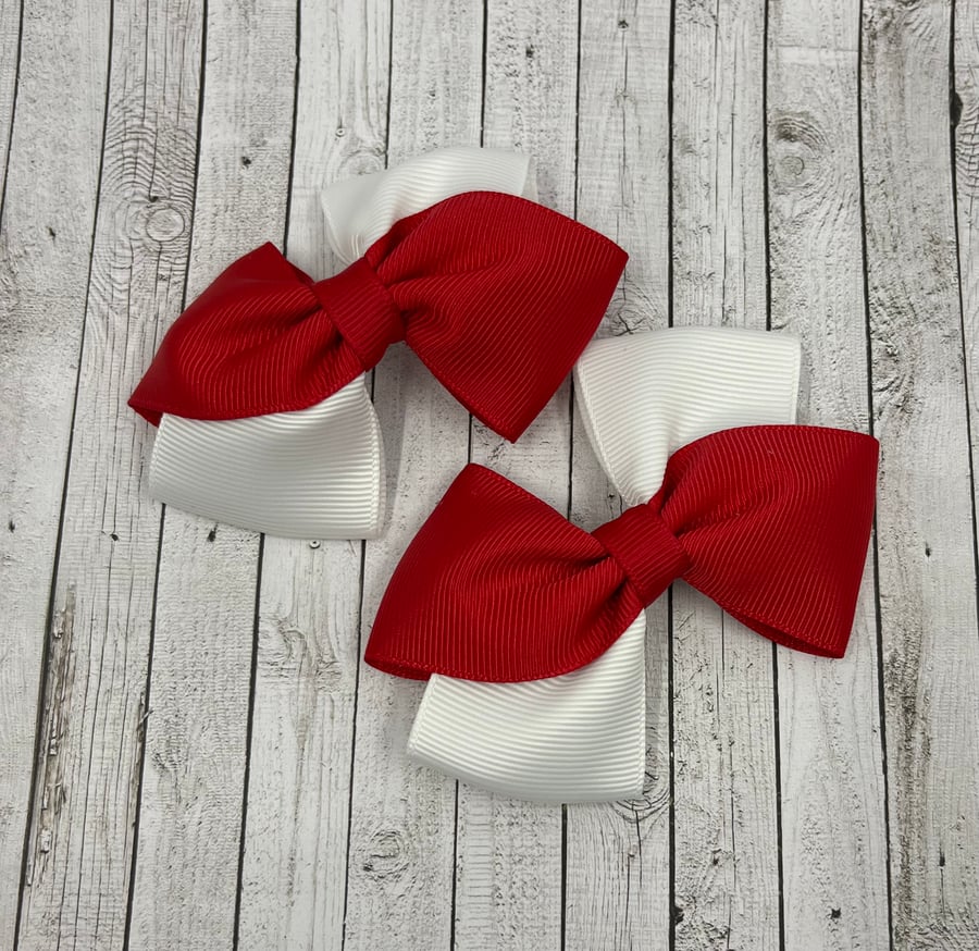 School Red and White Diagonal Double with Bows on Clips (pair)