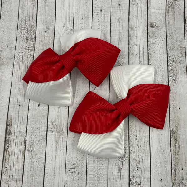 School Red and White Diagonal Double with Bows on Clips (pair)