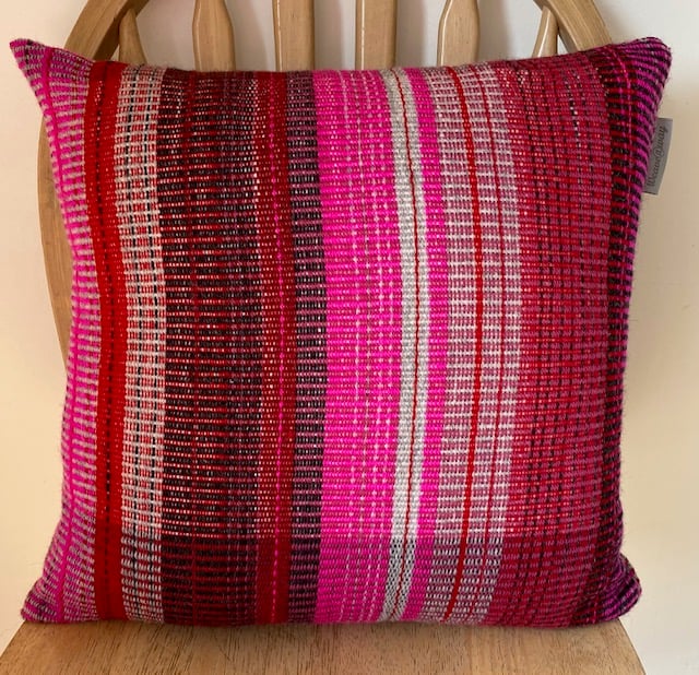 Hot Pink, Grey and cream  hand woven cushion, designed  using 100% wool.
