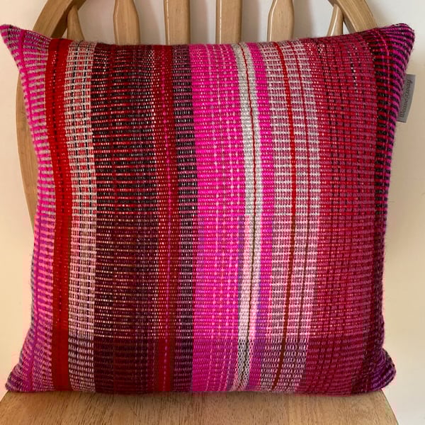 Hot Pink, Grey and cream  hand woven cushion, designed  using 100% wool.