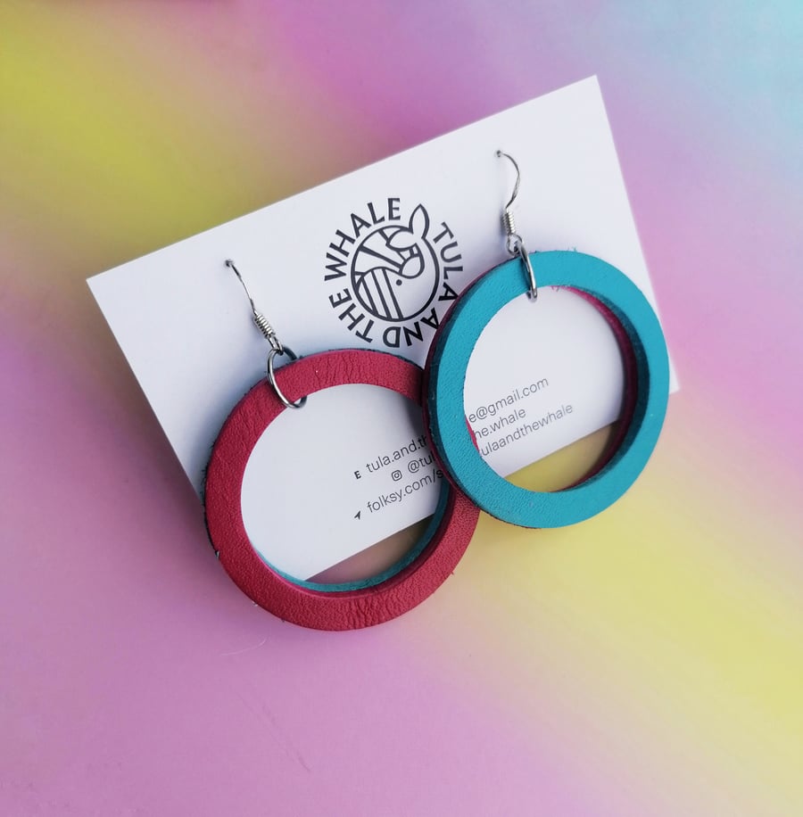 Colour Duo Leather Hoop Earrings - Pink & Blue Large