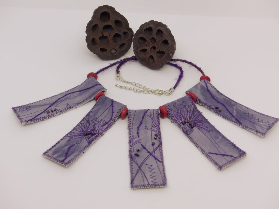Purple eco-dyed and beaded necklace