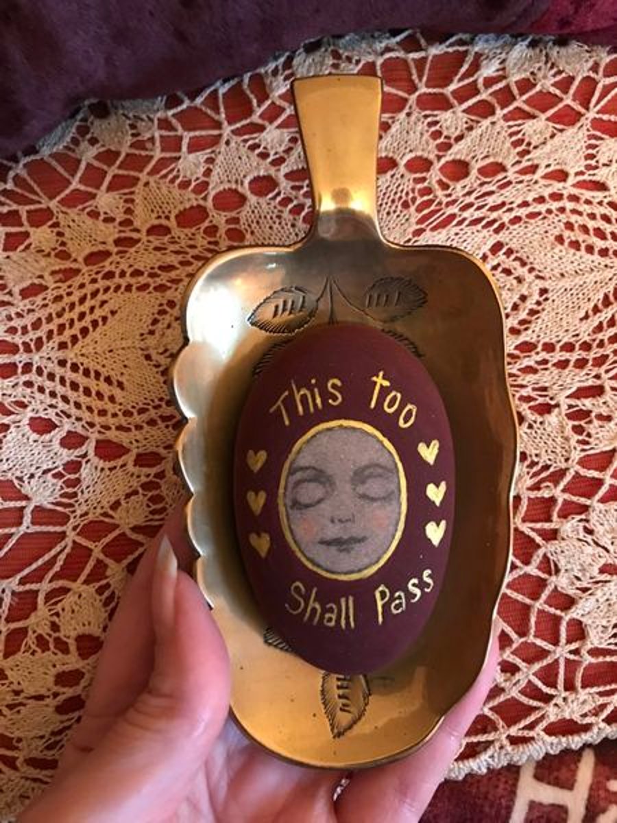 Hand painted pebble "This too shall pass" with brass trinket dish
