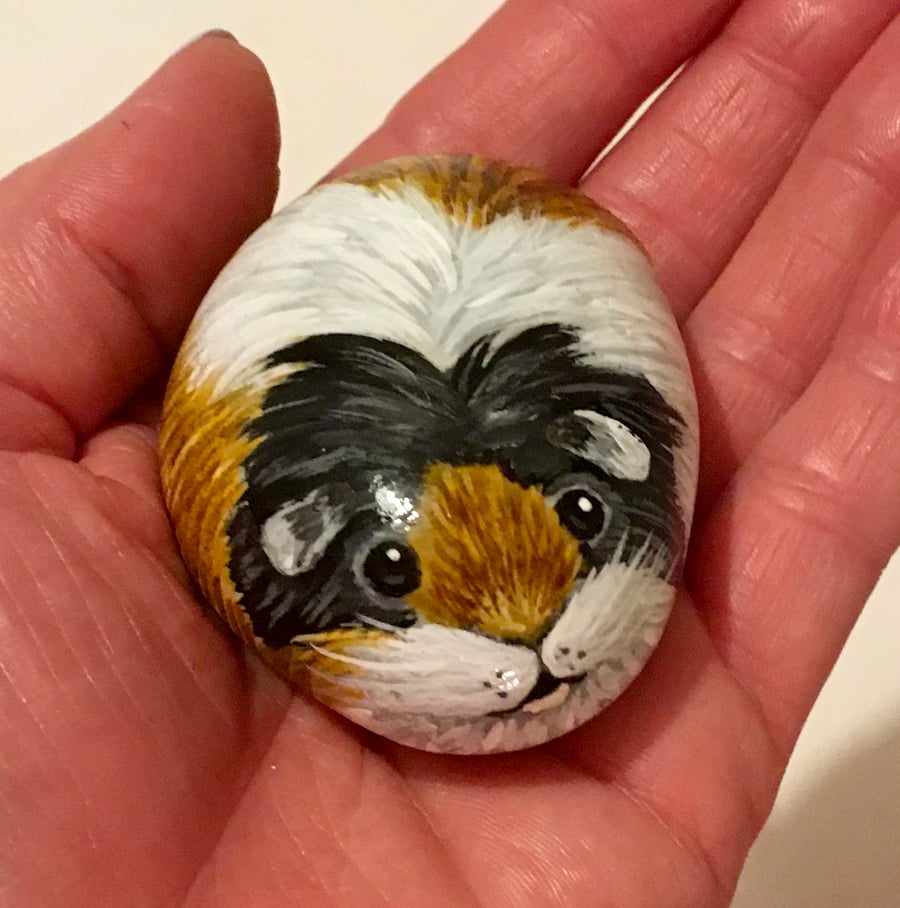 Guinea pig hand painted pebble garden rock art pet stone portrait 
