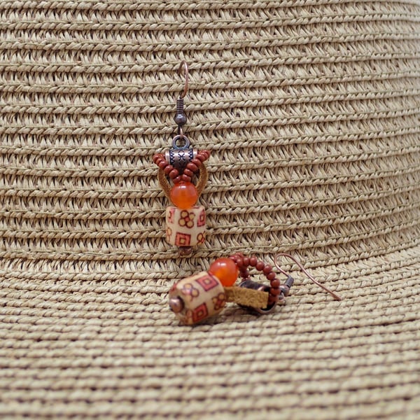 Boho Brown and Orange Beaded Earrings with wood, leather and gemstones
