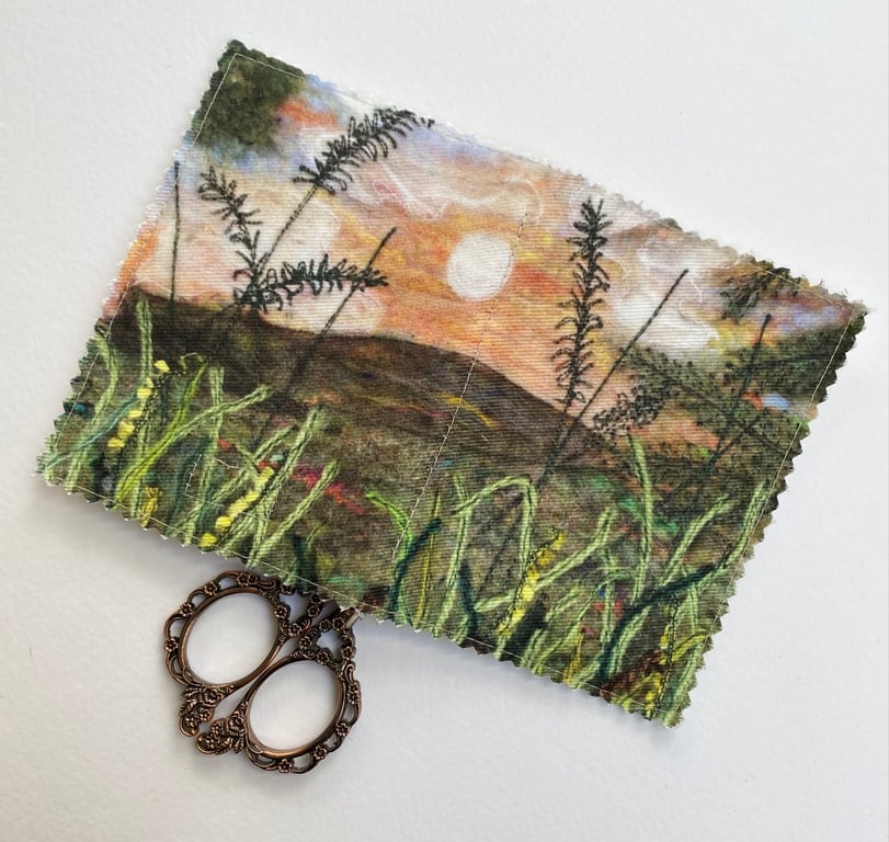 Sunset countryside sewing needle and pins case. 