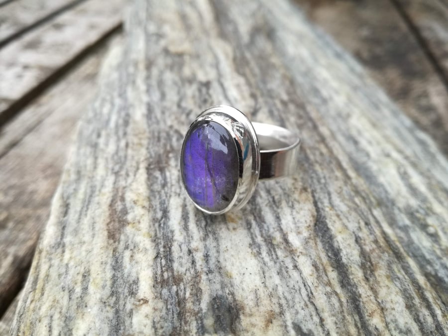 Purple Oval Labradorite Ring - size P