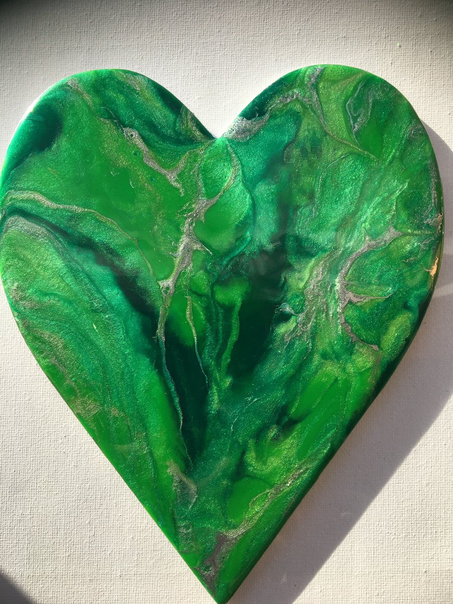 Heart shaped, abstract resin painting, green, silver 