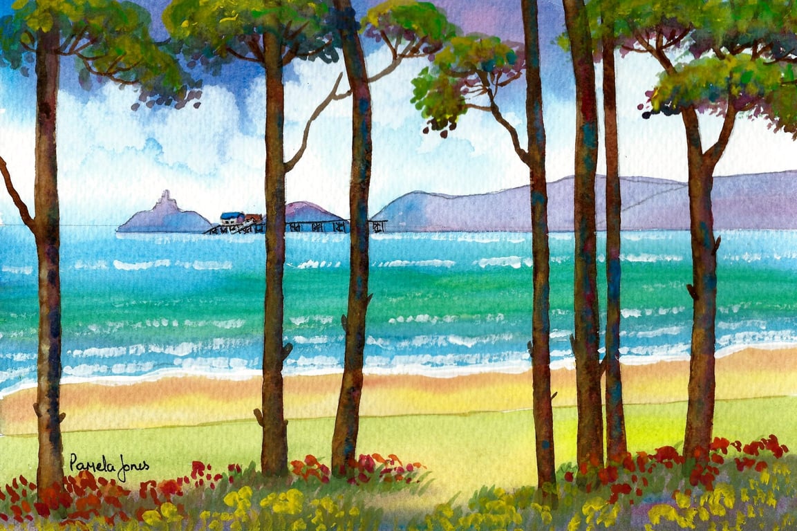 Mumbles Through the trees, Swansea Bay, Watercolour Print in 9 x 7'' Mount