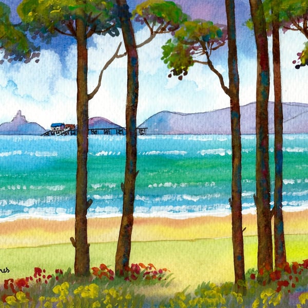 Mumbles Through the trees, Swansea Bay, Watercolour Print in 9 x 7'' Mount