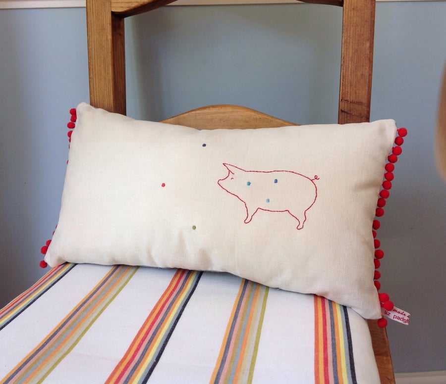 Hand Embroidered Red Pig Design Cushion With Red Pom Pom Trim