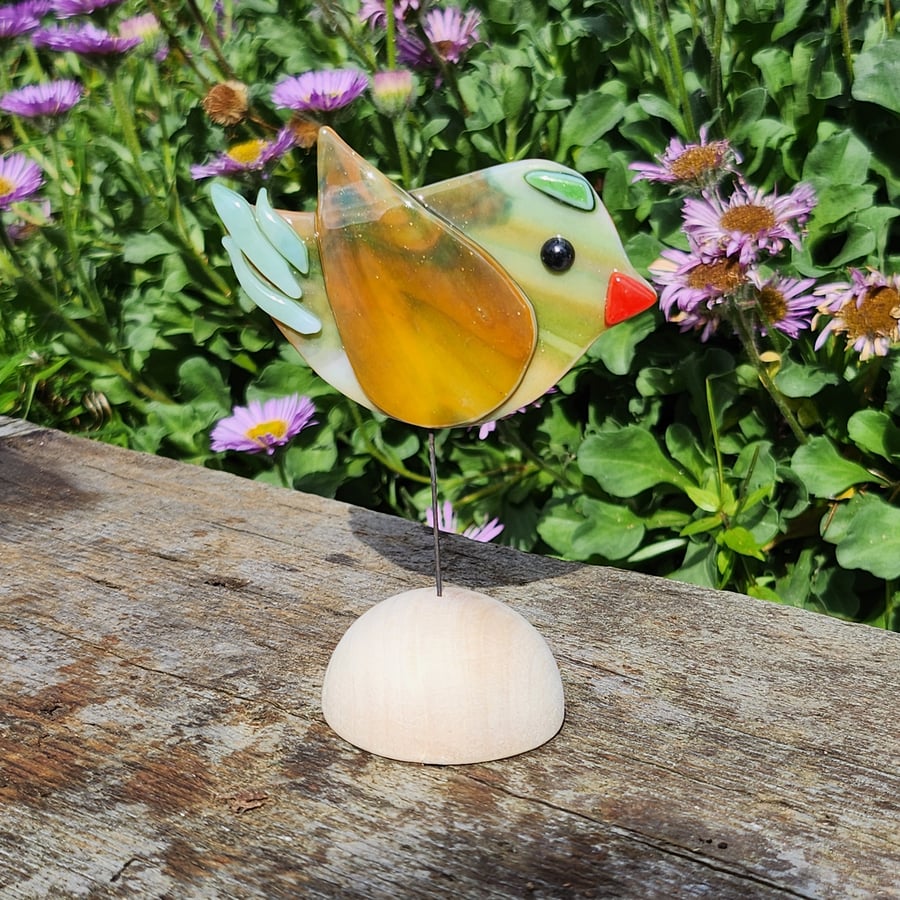 Fused Glass Fantasy Bird Standing on a Wooden Half Sphere
