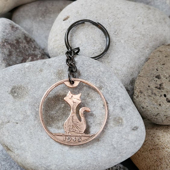 Upcycled penny coin cat keyring or bag charm