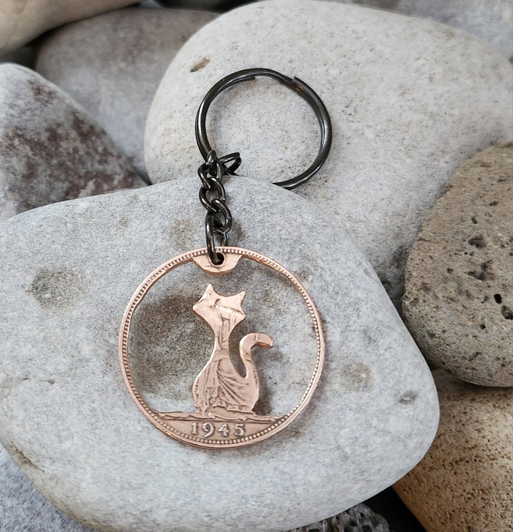 Upcycled penny coin cat keyring or bag charm