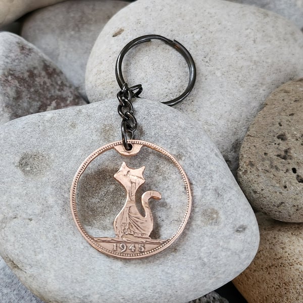 Upcycled penny coin cat keyring or bag charm