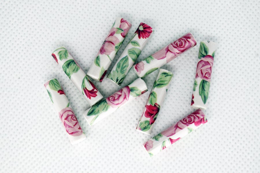 10 Pink Roses Pattern Paper Beads  PB07A