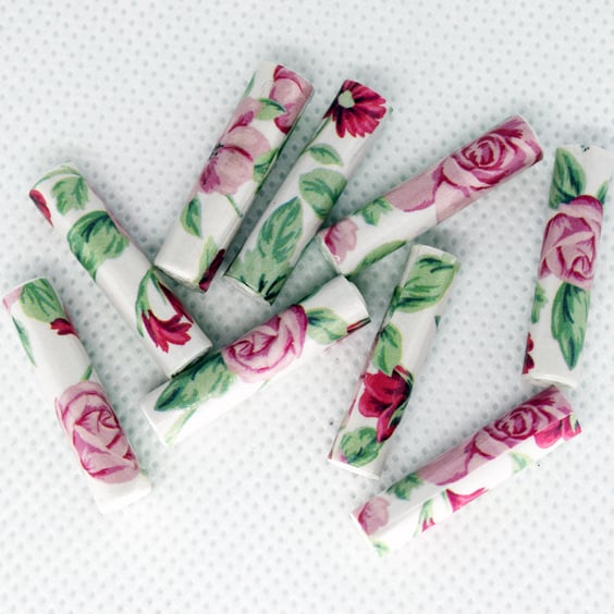 10 Pink Roses Pattern Paper Beads  PB07A