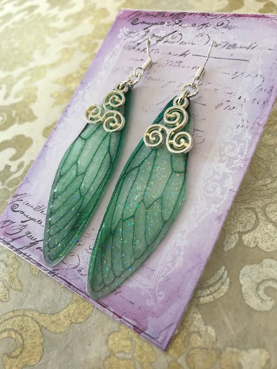 Green Triskelion Fairy Wing Sterling Silver Earrings