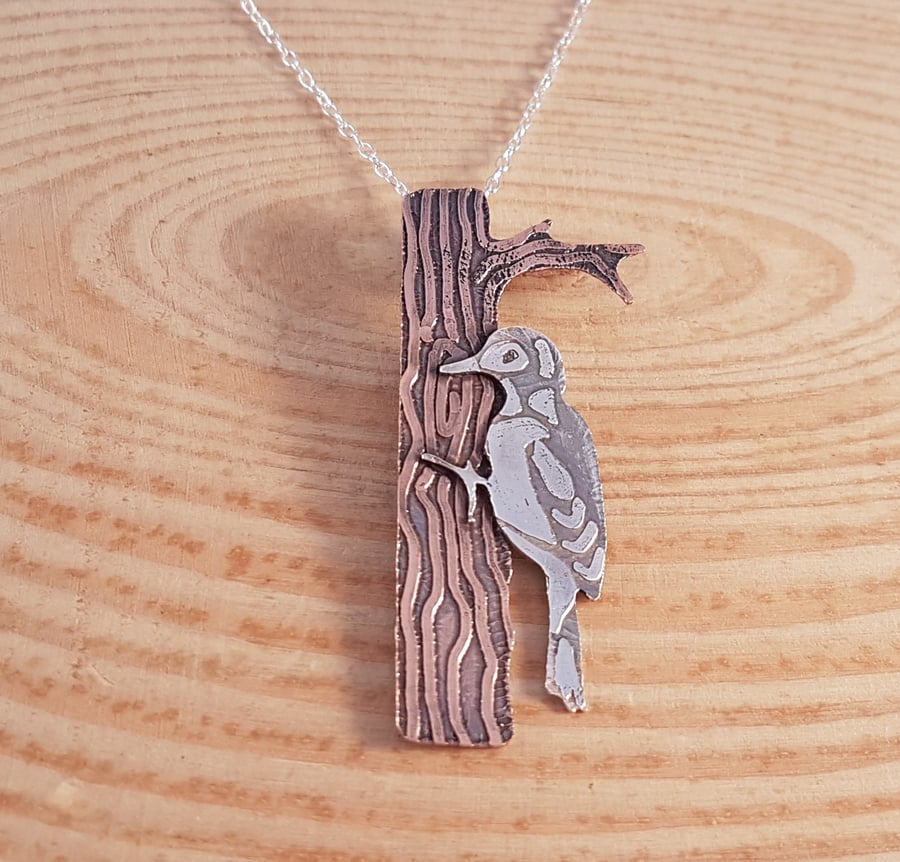 Sterling Silver and Copper Etched Woodpecker Necklace Pendant