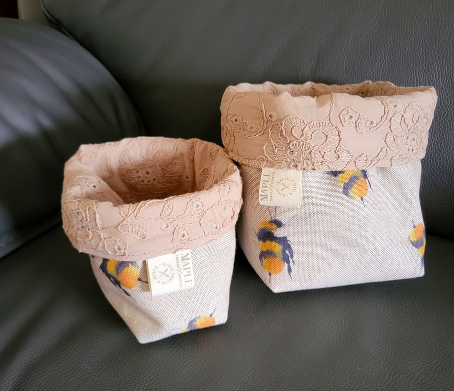 Handmade Reversible Bee Storage Boxes (Set of 2) – Sustainable Upcycled Fabric