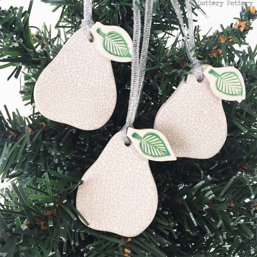 Set of three ceramic pear Christmas decorations Pottery pear 