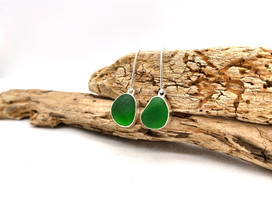 Dark Green Sea Glass Earrings
