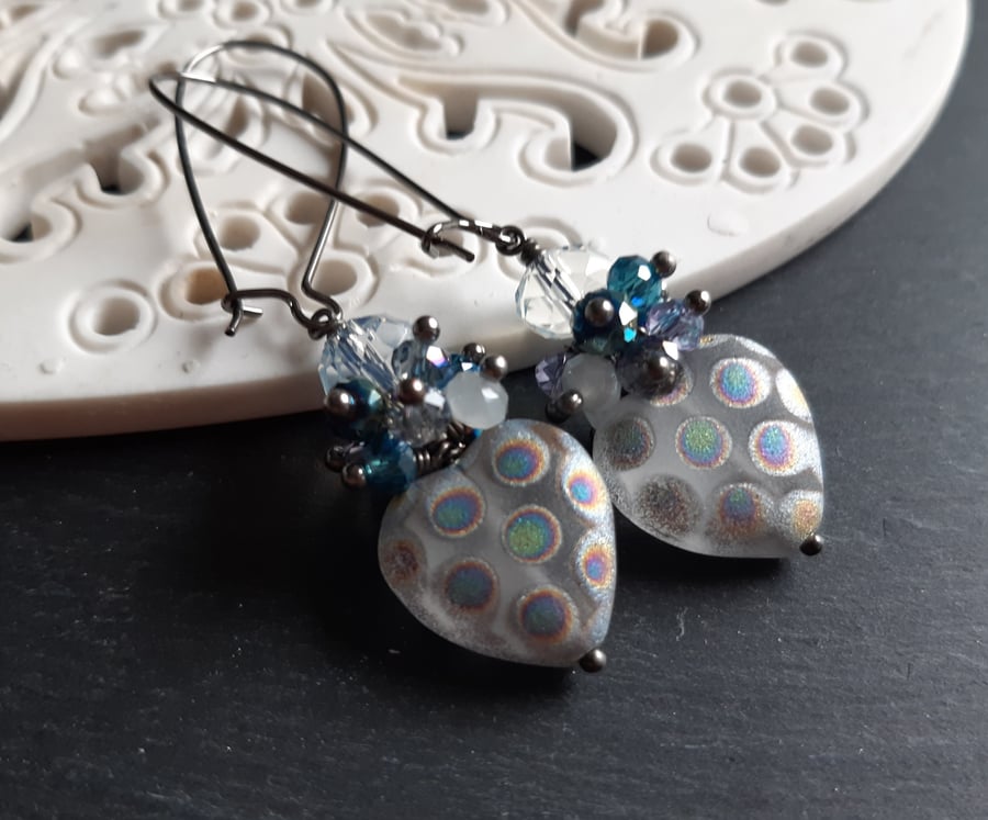 Matte glass heart and crystal cluster earrings