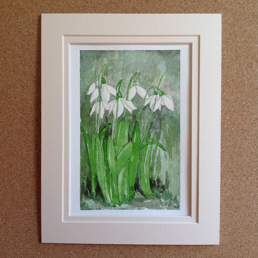 Snowdrops original watercolour with double mount