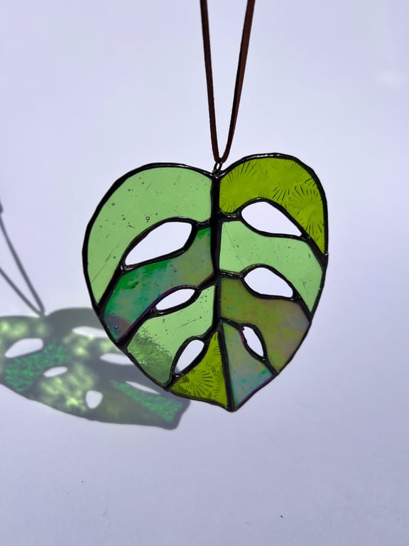 Monstera leaf stained glass suncatcher - greens, plant lover gift