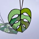 Monstera leaf stained glass suncatcher - greens, plant lover gift