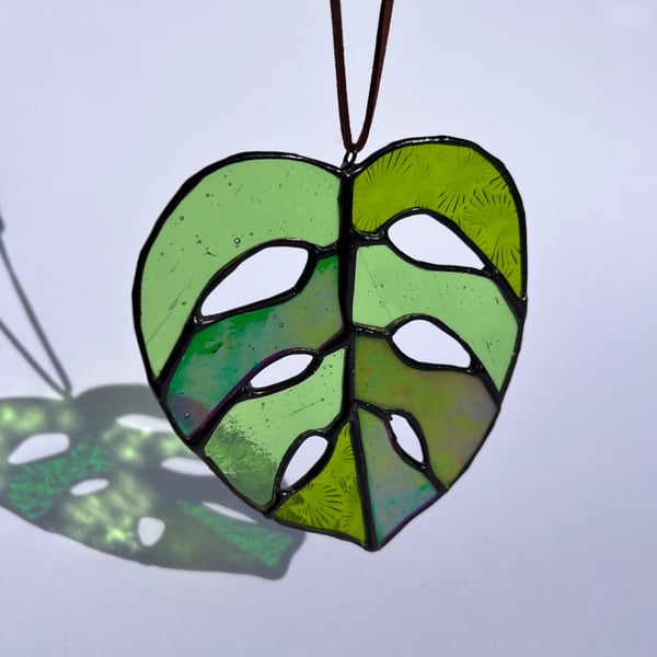 Monstera leaf stained glass suncatcher - greens, plant lover gift