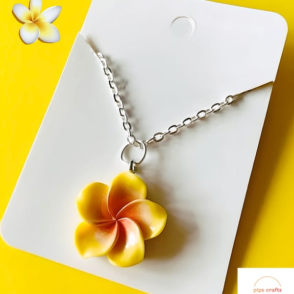 Yellow Frangipani Flower Pendant Necklace 18 Inch Chain - Flower Jewellery