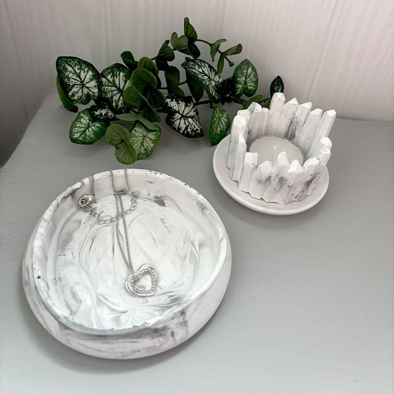 Grey & White Marbled Trinket Tray and Tealight Holder Set