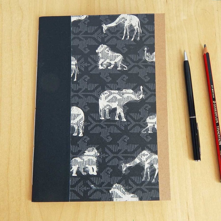 A5 African Animals Kraft Notebook,  black cloth spine trim.