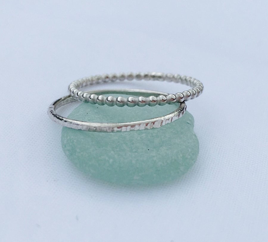 Sterling Silver Stacking Ring Duo, Beaded Silver Ring, Textured Ring, Ring Set