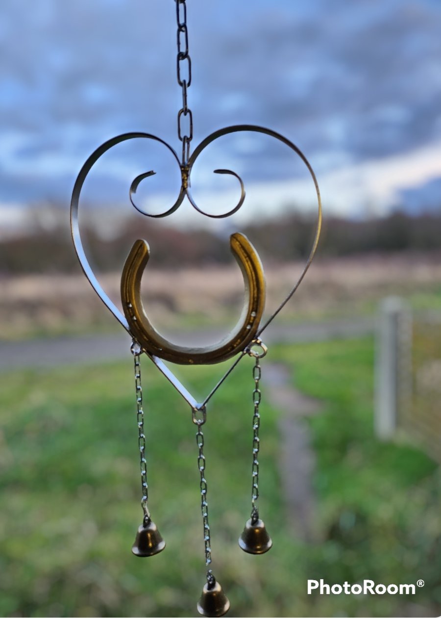 Horseshoe and heart wind chime silver and gold