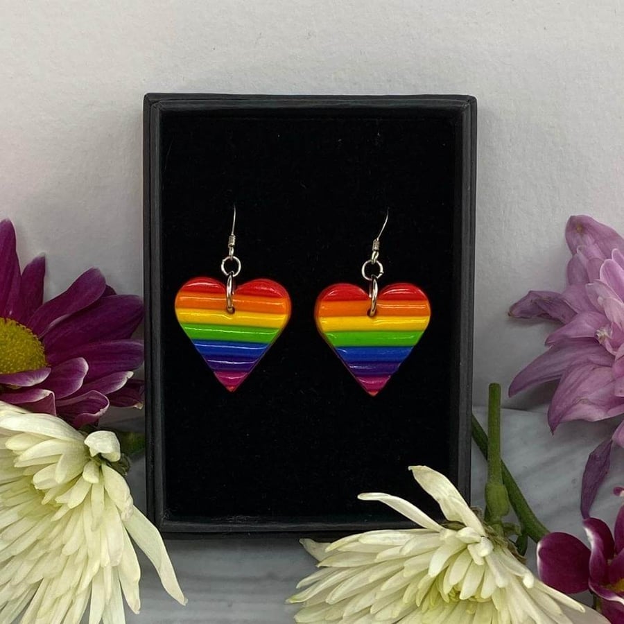 Heart earrings rainbow stripe polymer clay on sterling silver.