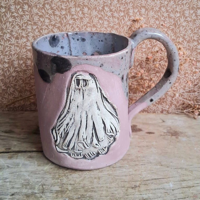 Dave the ghost coffee mug ceramic pottery tea cup, purple black spot