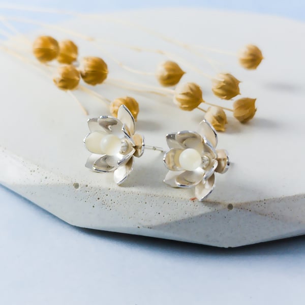 Lotus Flower Earrings, Recycled Sterling Silver Flower Earrings, Nature Inspired