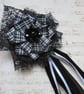 Black & White Menzies Tartan Ruffle Black Lace Regency Ribbons Hair Clip - Image 2