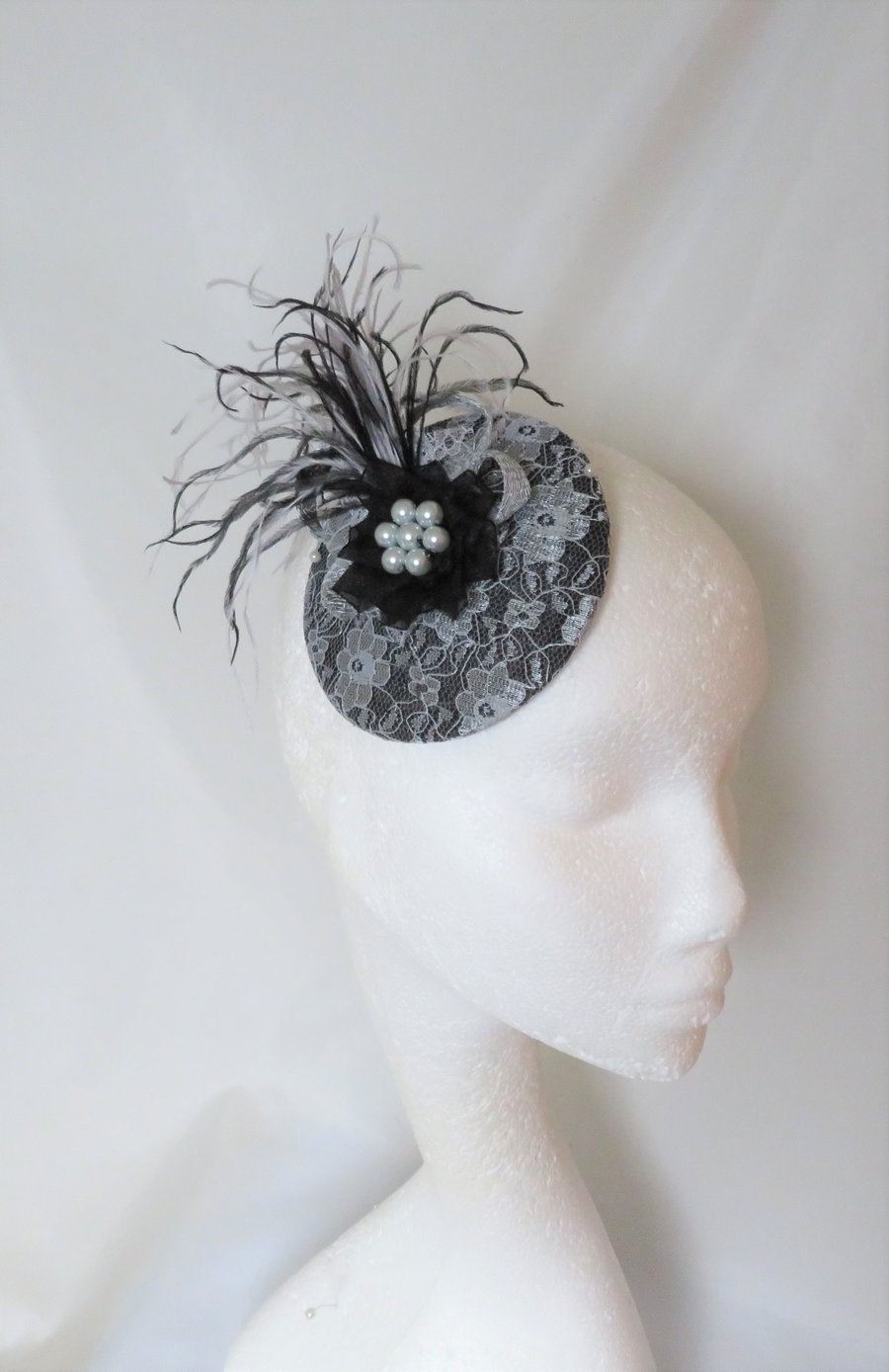 Silver Grey and Black Feather Cocktail Percher Hat Fascinator Lace Headpiece