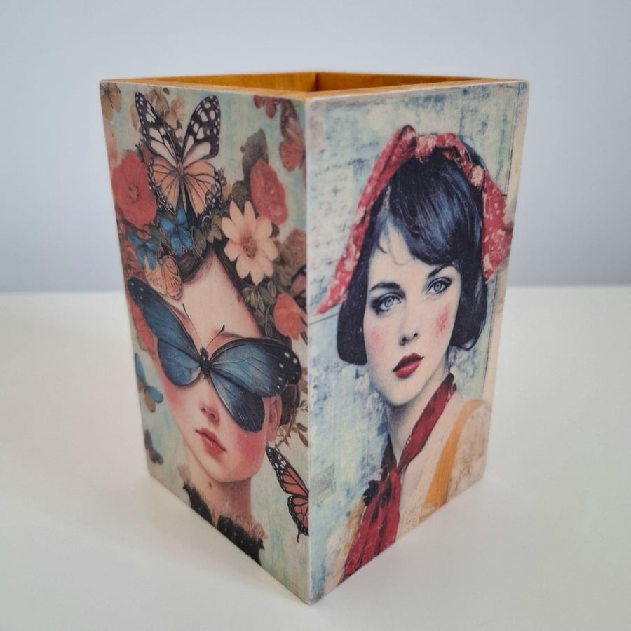 Image of Decoupage Wooden Pen Pot, Vintage Woman Portrait & Butterfly Desk Organiser