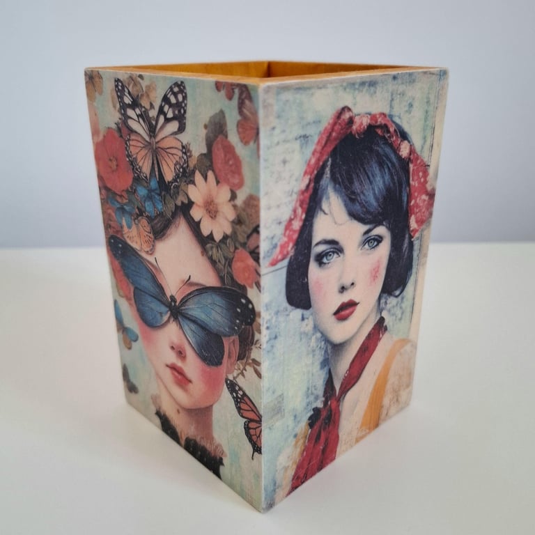 Decoupage Wooden Pen Pot, Vintage Woman Portrait & Butterfly Desk Organiser
