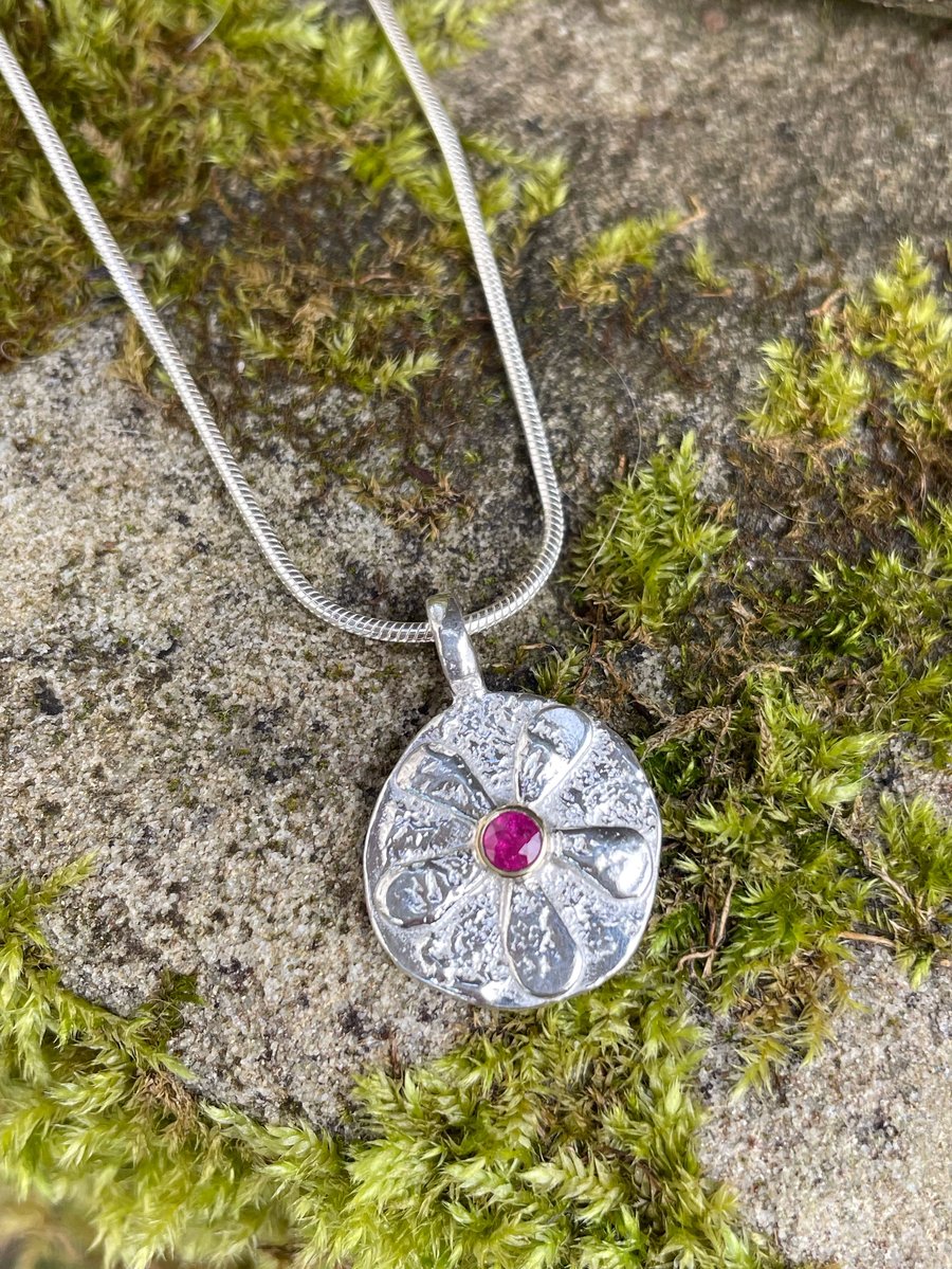Silver and 18ct gold ruby Bloom pendant on chain