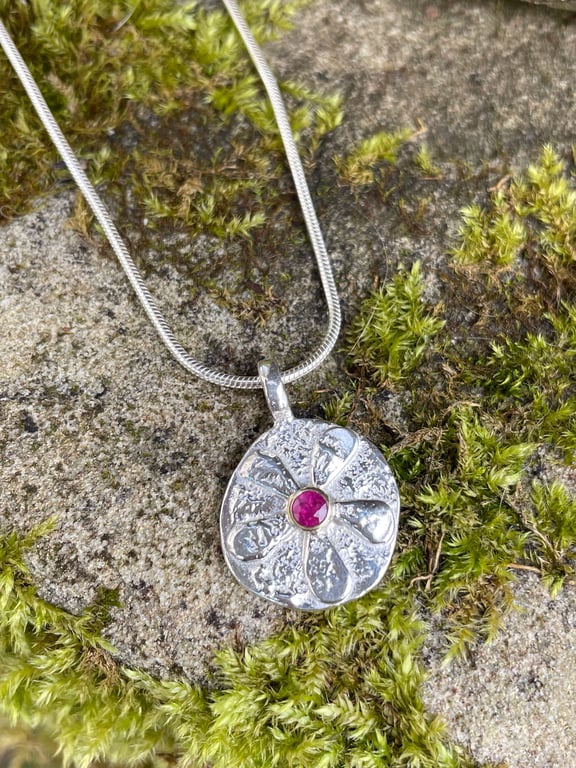 Silver and 18ct gold ruby Bloom pendant on chain