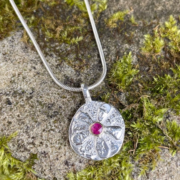 Silver and 18ct gold ruby Bloom pendant on chain