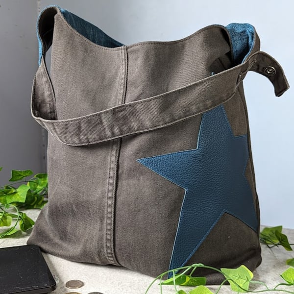 Denim Shoulder Tote Hobo - Large Shoulder Tote Bag with Teal Leather Star Motif